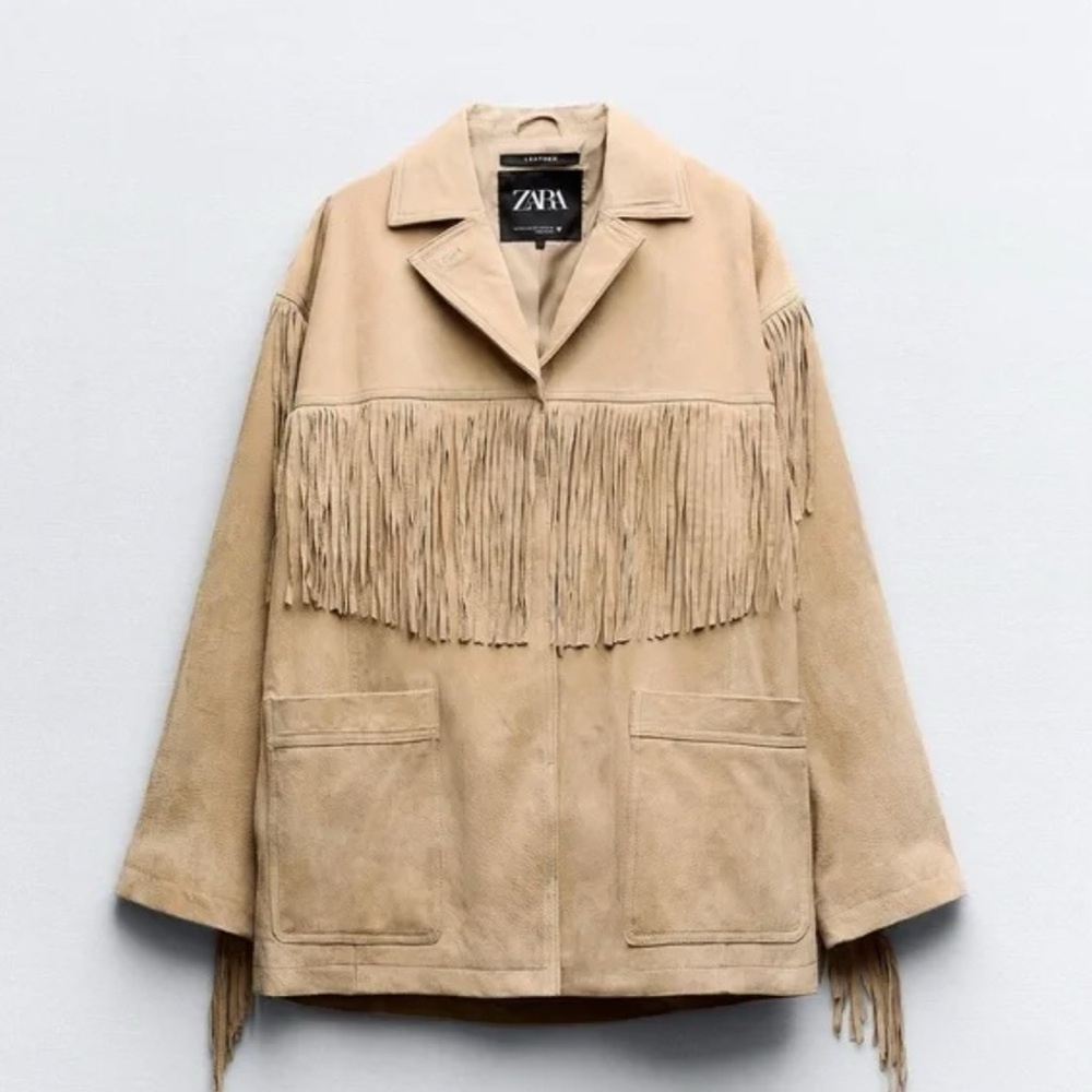 ZARA SAND FRINGED LEATHER JACKET